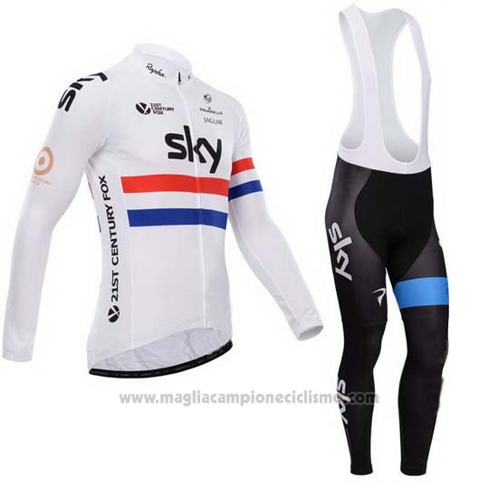 2014 Abbigliamento Ciclismo Sky Campione Regno Unito Bianco Manica Lunga e Salopette